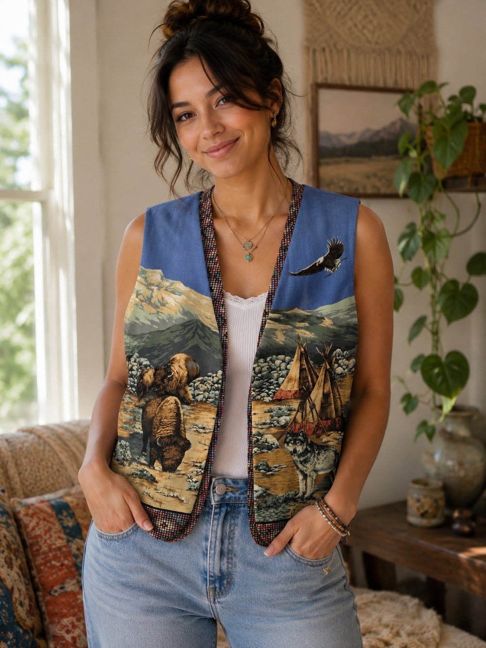 Blue Scenic Wildlife Vest - Women's Sleeveless Layering Vest
